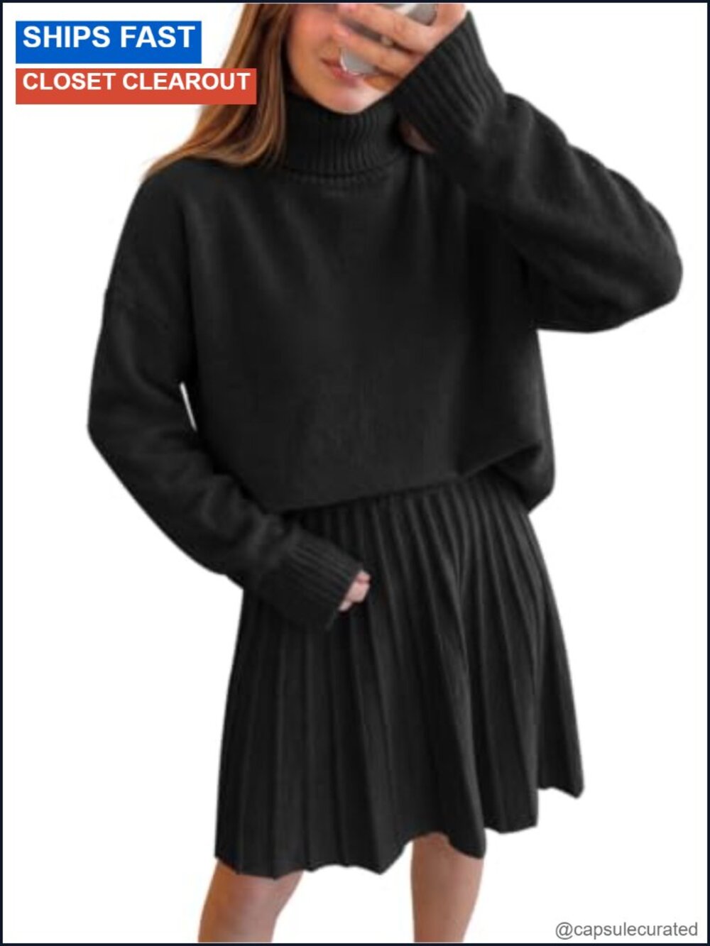Women's 2 Piece Turtleneck Sweater and Pleated Mini Skirt Knit Set